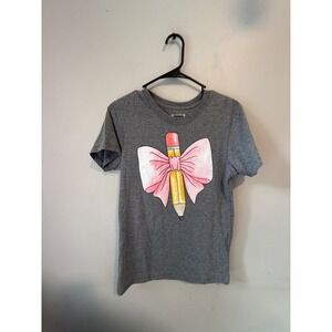 Isaac Morris IML Womens Gray Pencil Pink‎ Bow Graphic T-Shirt Small Teacher Art